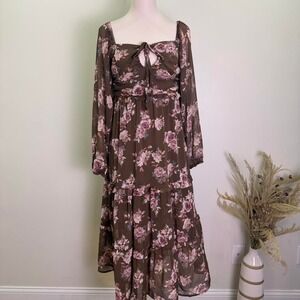 Rewind Brown Floral Tie Front Smocked Back Tiered Maxi Dress - Size M